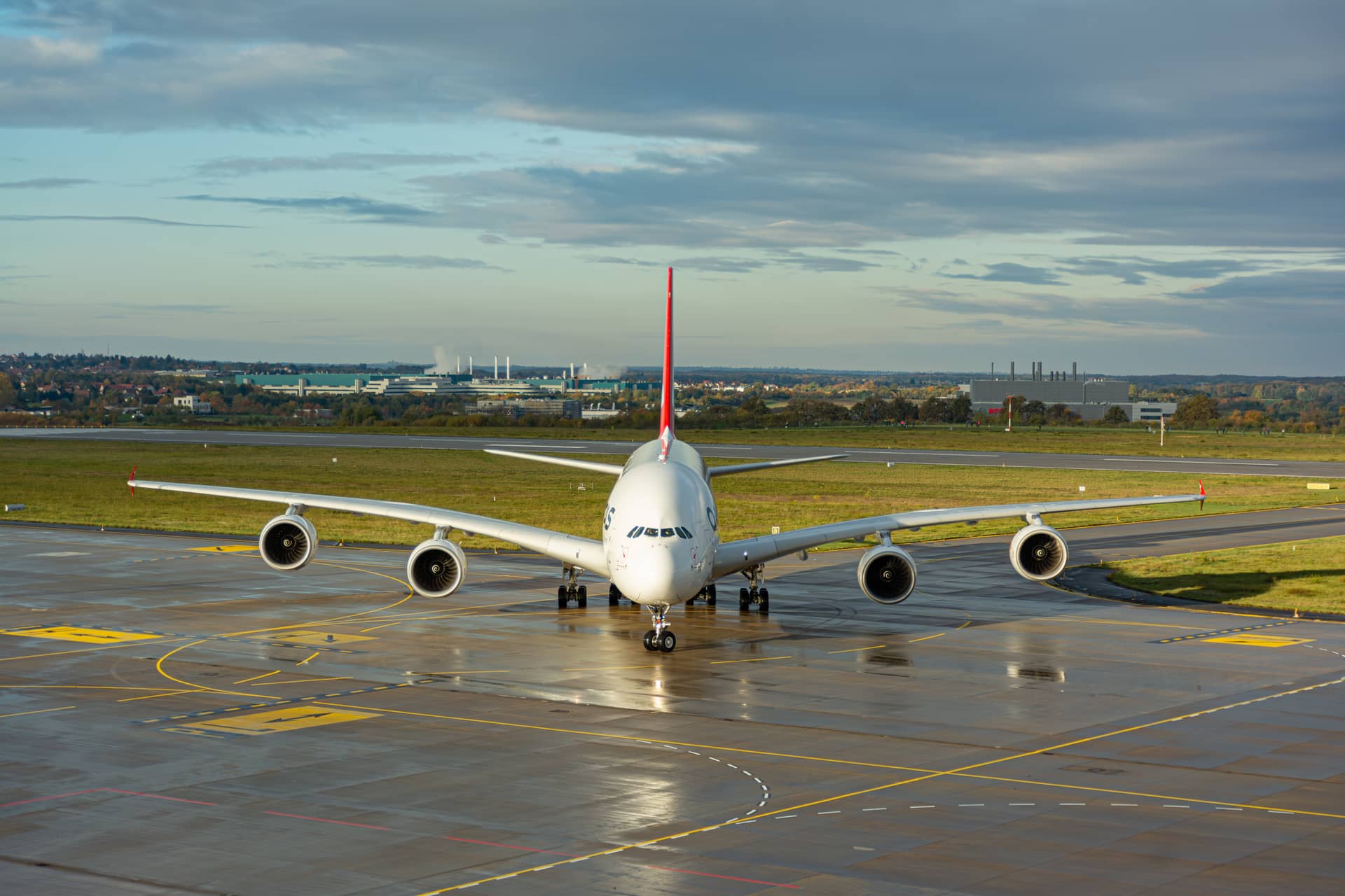 Qantas Airbus A380 taxiing at Dresden Airport